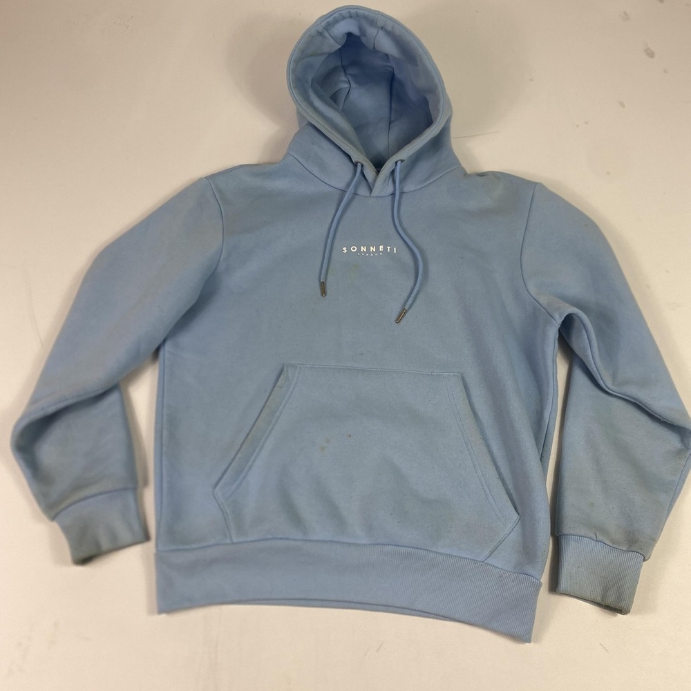 Sonneti London Hoodie Mens Small Blue Pullover Fleece Sweatshirt Logo Stained